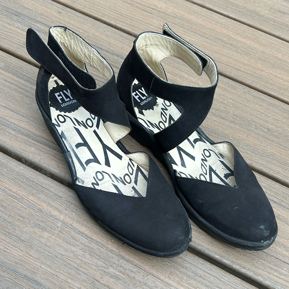 Fly London Black Wedge Sandals